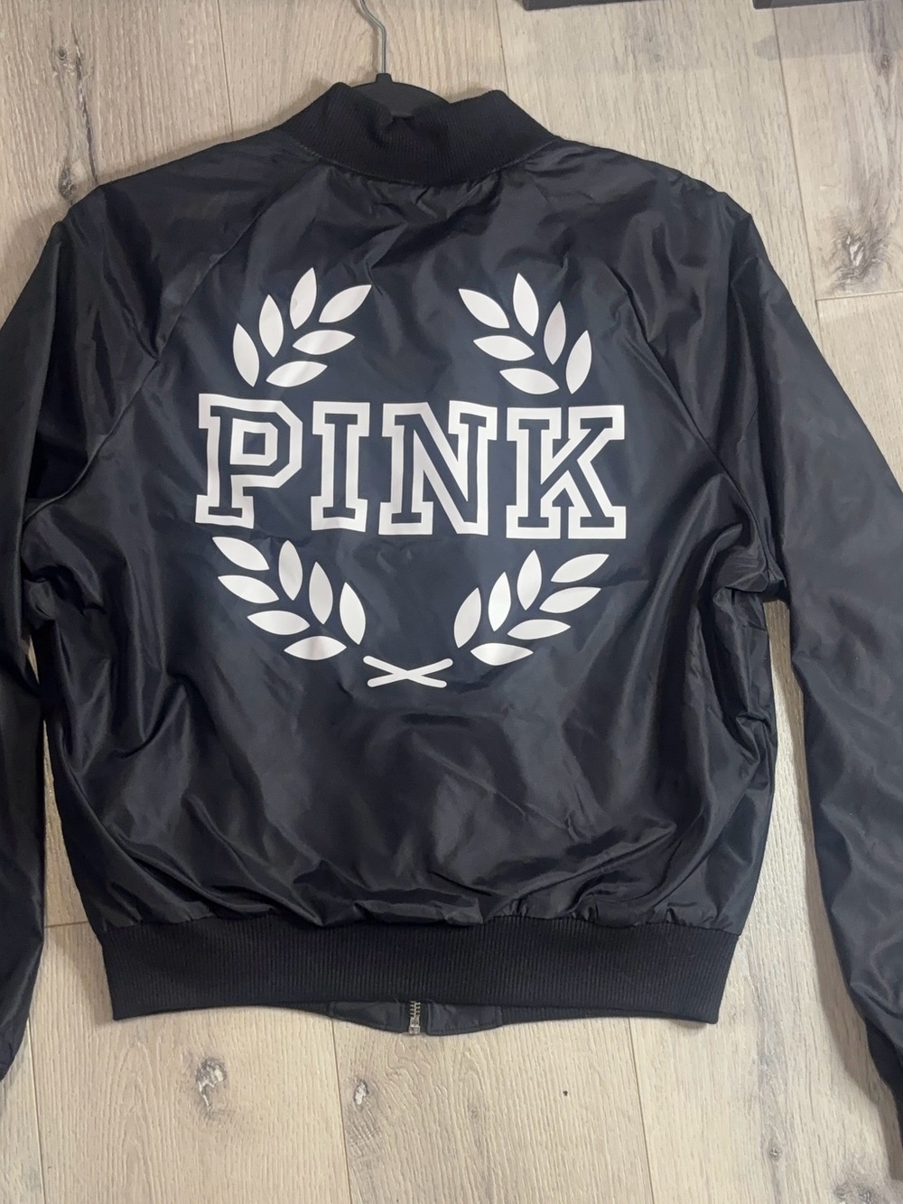 Victoria’s Secret PINK Black Laurel Logo Bomber Jacket Size XS